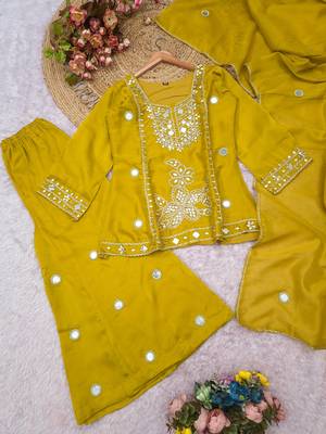 Yellow silk blend with hand work with real mirror kurta palazzo with dupatta 3