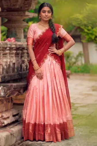 peach cotton silk woven traditional lehenga choli with free size upto 42