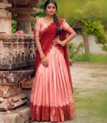 peach cotton silk woven traditional lehenga choli with free size upto 42