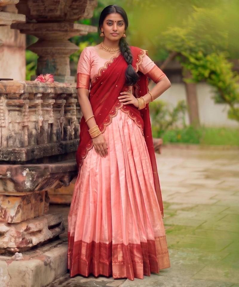 peach cotton silk woven traditional lehenga choli with free size upto 42