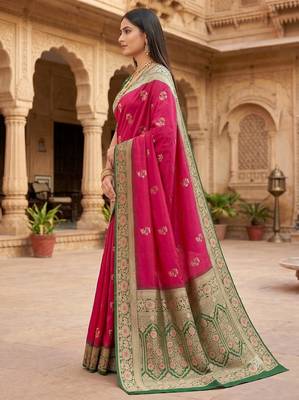 Pink soft banarasi silk saree with zari weaving meenakari design 2