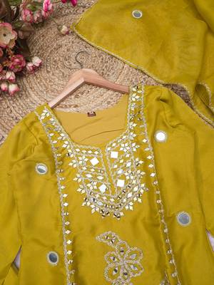 Yellow silk blend with hand work with real mirror kurta palazzo with dupatta 4