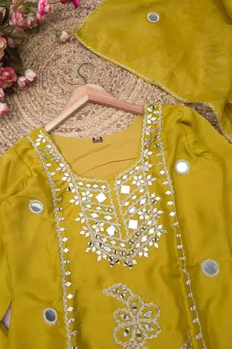 Yellow silk blend with hand work with real mirror kurta palazzo with dupatta