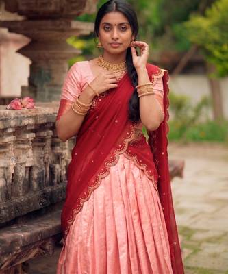 peach cotton silk woven traditional lehenga choli with free size upto 42 2