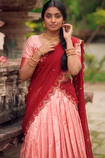 peach cotton silk woven traditional lehenga choli with free size upto 42