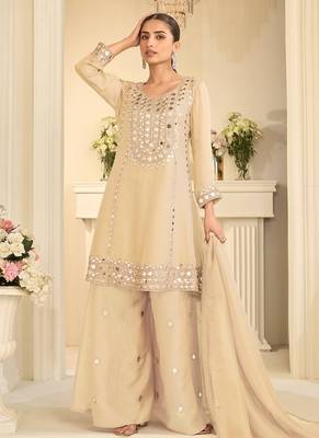 Cream silk blend with hand work with real mirror kurta palazzo with dupatta 1