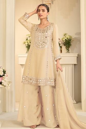Cream silk blend with hand work with real mirror kurta palazzo with dupatta