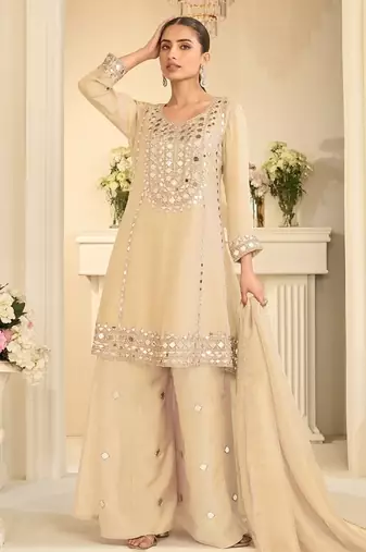 Cream silk blend with hand work with real mirror kurta palazzo with dupatta