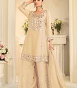 Cream silk blend with hand work with real mirror kurta palazzo with dupatta