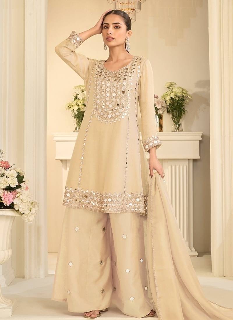 Cream silk blend with hand work with real mirror kurta palazzo with dupatta