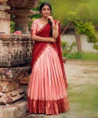 peach cotton silk woven traditional lehenga choli with free size upto 42 3