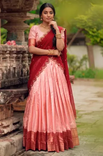peach cotton silk woven traditional lehenga choli with free size upto 42