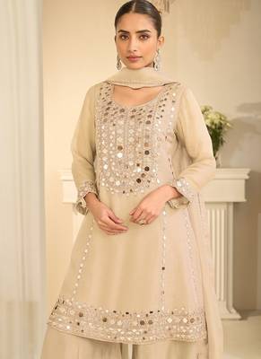 Cream silk blend with hand work with real mirror kurta palazzo with dupatta 2