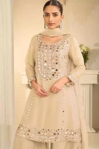 Cream silk blend with hand work with real mirror kurta palazzo with dupatta