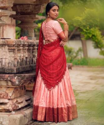peach cotton silk woven traditional lehenga choli with free size upto 42 4