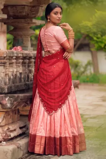 peach cotton silk woven traditional lehenga choli with free size upto 42