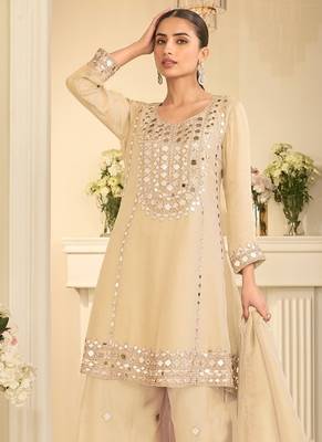 Cream silk blend with hand work with real mirror kurta palazzo with dupatta 3