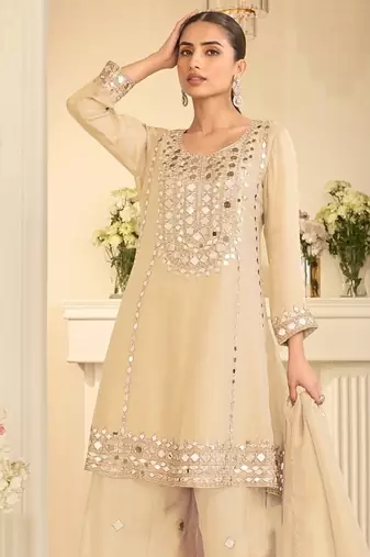 Cream silk blend with hand work with real mirror kurta palazzo with dupatta