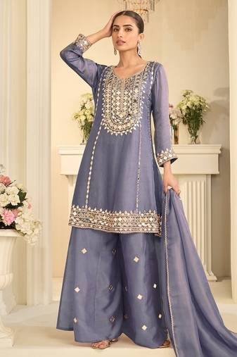 Lavender silk blend with hand work with real mirror kurta palazzo with dupatta