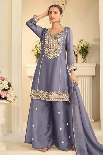 Lavender silk blend with hand work with real mirror kurta palazzo with dupatta