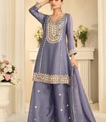 Lavender silk blend with hand work with real mirror kurta palazzo with dupatta