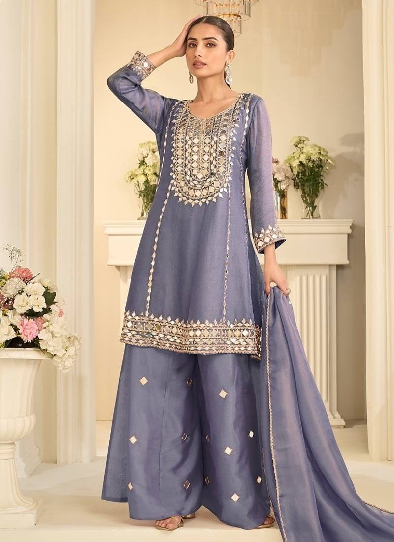 Lavender silk blend with hand work with real mirror kurta palazzo with dupatta