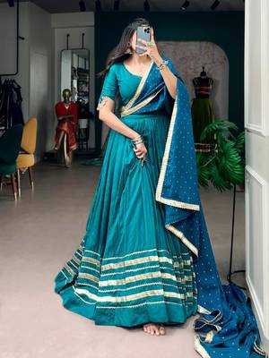 teal silk blend embroidered traditional lehenga choli with free size upto 42 2