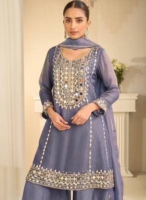 Lavender silk blend with hand work with real mirror kurta palazzo with dupatta 2
