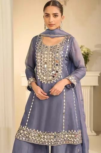 Lavender silk blend with hand work with real mirror kurta palazzo with dupatta