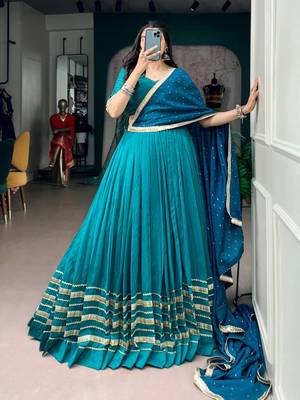 teal silk blend embroidered traditional lehenga choli with free size upto 42 3