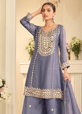 Lavender silk blend with hand work with real mirror kurta palazzo with dupatta 3