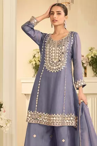 Lavender silk blend with hand work with real mirror kurta palazzo with dupatta