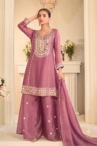 Mauve silk blend with hand work with real mirror kurta palazzo with dupatta