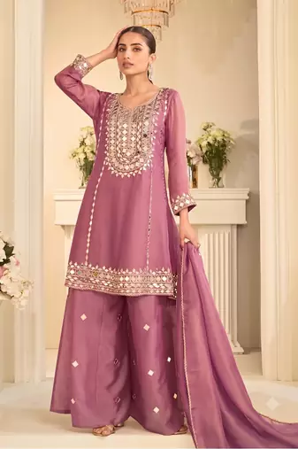 Mauve silk blend with hand work with real mirror kurta palazzo with dupatta