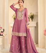 Mauve silk blend with hand work with real mirror kurta palazzo with dupatta