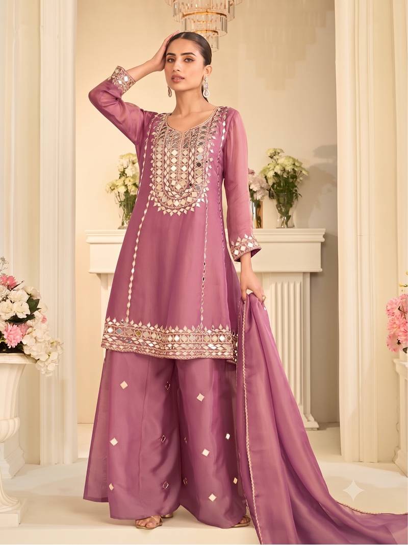 Mauve silk blend with hand work with real mirror kurta palazzo with dupatta