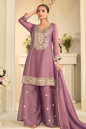 Mauve silk blend with hand work with real mirror kurta palazzo with dupatta