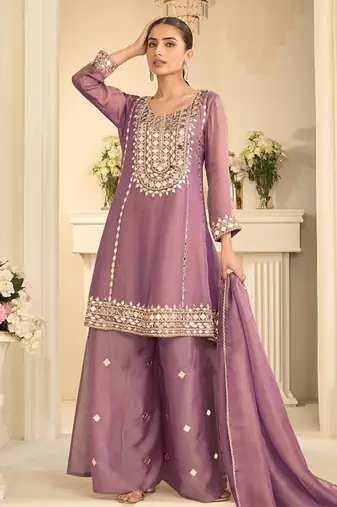 Mauve silk blend with hand work with real mirror kurta palazzo with dupatta
