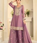 Mauve silk blend with hand work with real mirror kurta palazzo with dupatta