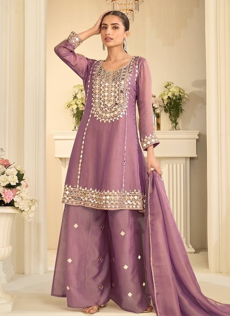 Mauve silk blend with hand work with real mirror kurta palazzo with dupatta
