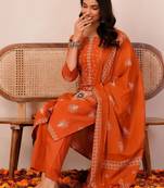 Women Ethnic Motifs Printed Thread Work Cotton Kurta with Trousers & With Dupatta