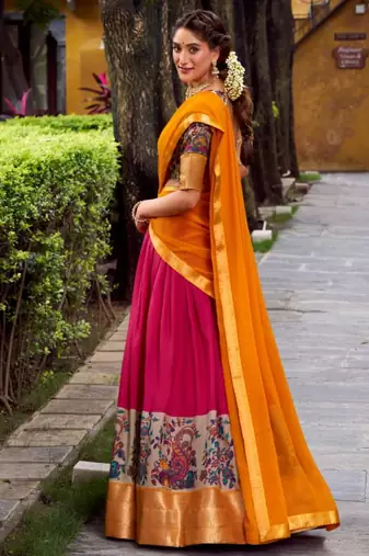 multicolor silk blend printed traditional lehenga choli with free size upto 42