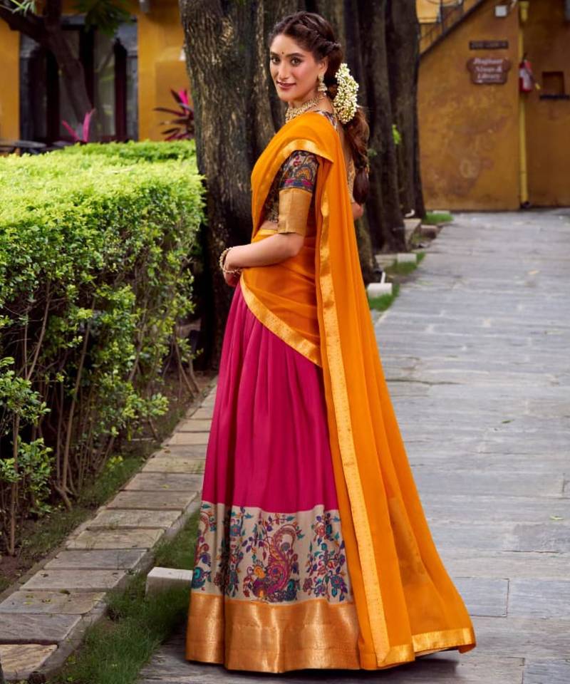 multicolor silk blend printed traditional lehenga choli with free size upto 42