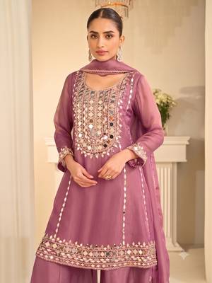 Mauve silk blend with hand work with real mirror kurta palazzo with dupatta 2