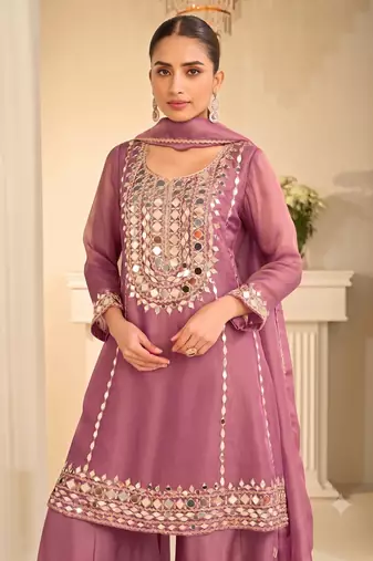 Mauve silk blend with hand work with real mirror kurta palazzo with dupatta