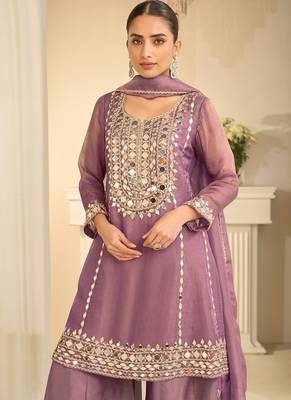 Mauve silk blend with hand work with real mirror kurta palazzo with dupatta 2