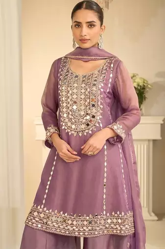 Mauve silk blend with hand work with real mirror kurta palazzo with dupatta