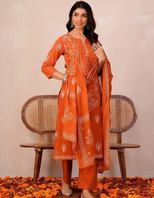 Women Ethnic Motifs Printed Thread Work Cotton Kurta with Trousers & With Dupatta 6