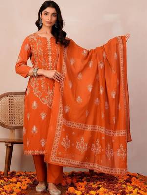 Women Ethnic Motifs Printed Thread Work Cotton Kurta with Trousers & With Dupatta 7