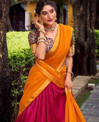 multicolor silk blend printed traditional lehenga choli with free size upto 42 2